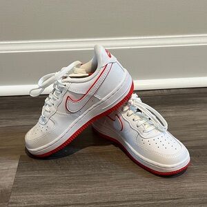 Nike Kids Force 1 Low- White Sneakers with Picante Red Accents